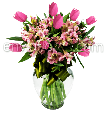 10 Tulipanes Rosa Intenso y 10 Alstroemerias en Jarrón