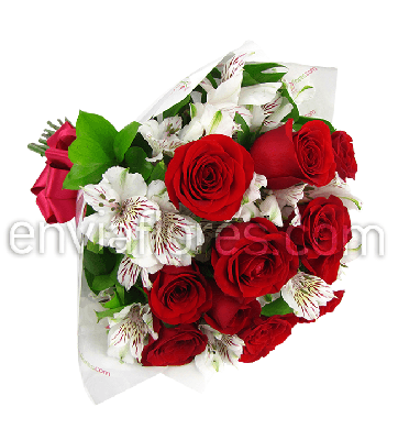 12 Rosas Rojas y 20 Alstroemerias Blancas en Celofán