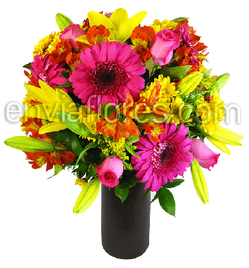 Combinado con 10 Gerberas, 10 Margaritas, 6 Rosas, 3 Lilies y Follaje en Cilindro 