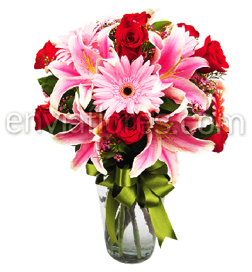 Combinado de 12 Rosas Rojas, 3 Stargazer, 10 Gerberas y Follaje en Jarrón 