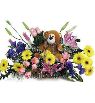 Canasta estilizada con 1 Peluche, 10 Gerberas, 12 Rosas Rosas, 5 Lisianthus, Stargazer y Follajes.