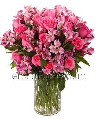 36 Rosas Rosas y  20 Alstroemerias Rosa Intenso en Jarrón.