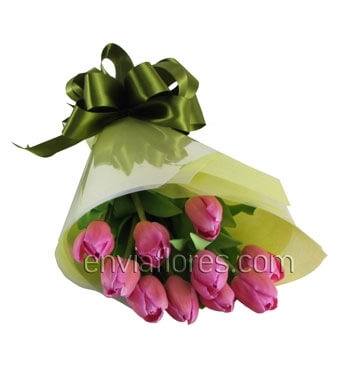 10 Tulipanes Rosa Intenso en Celofán