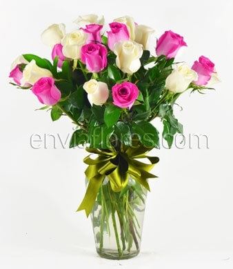 24 Rosas Rosa Intenso y Rosas Blancas en Jarrón