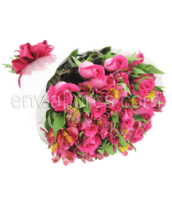 24 Rosas Rosa Intenso y 20 Alstroemerias en Celofán