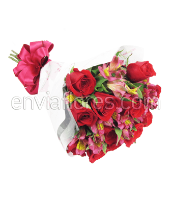 12 Rosas Rojas y Alstroemerias en Celofán