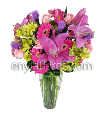 Combinado con Leatriz, Gerbera, Rosa, Stargaizer y Alstroemerias en Jarrón.