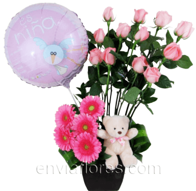 12 Rosas Rosas, 5 Gerberas peluche y Globo en base.