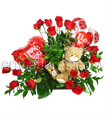 24 Rosas Rojas con Oso de Peluche, Ferrero Rocher y 2 Globos de Amor en Base