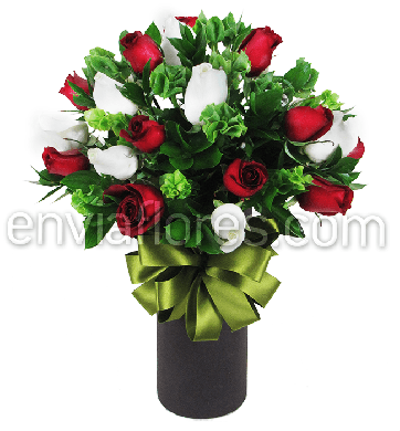 Bouquet de 24 Rosas Rojas y Blancas en Cilindro