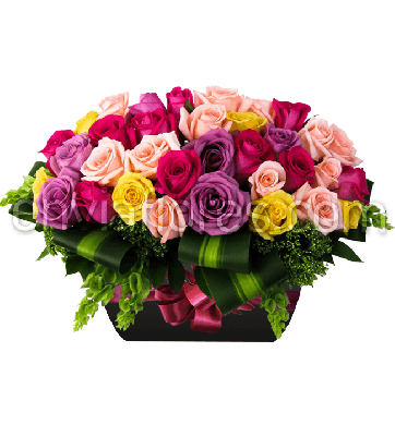 30 Rosas Multicolor y Follaje en Base