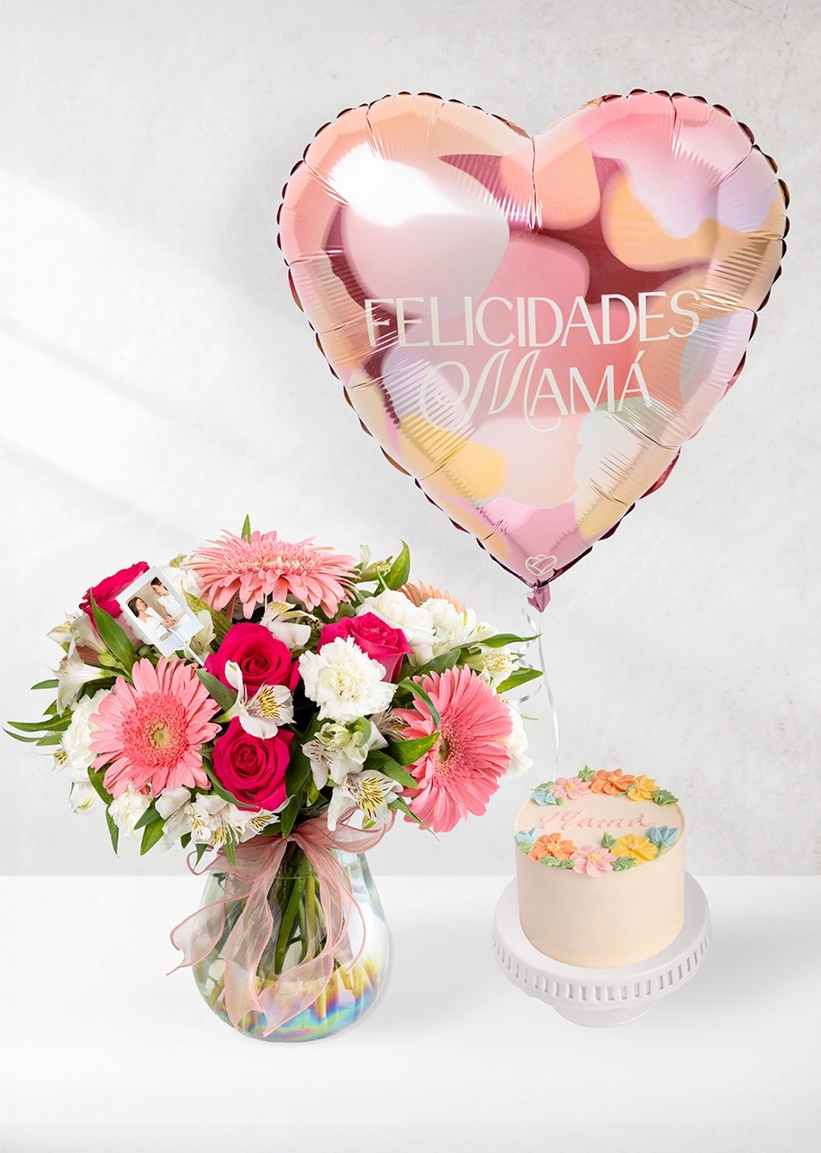 Imagen para Pastel Mamás con Arreglo de Gerberas y Rosas, Globo y Foto - 1