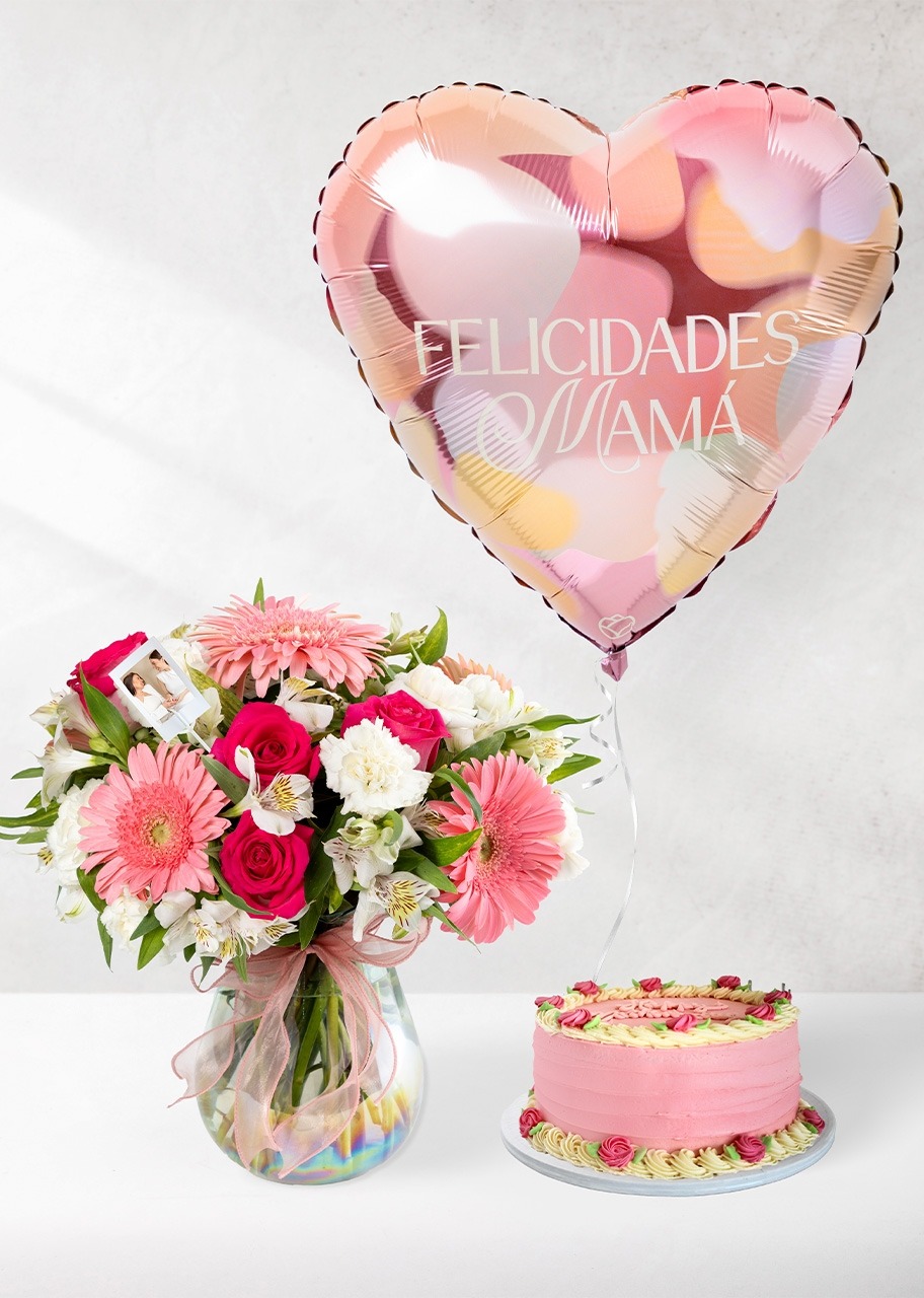 Imagen para Pastel Mamás Vintage Dolce Duo con Arreglo Floral, Globo y Foto - 1