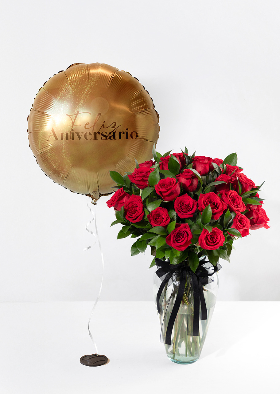 Imagen para 24 Rosas Rojas con Globo "Feliz Aniversario" - 1