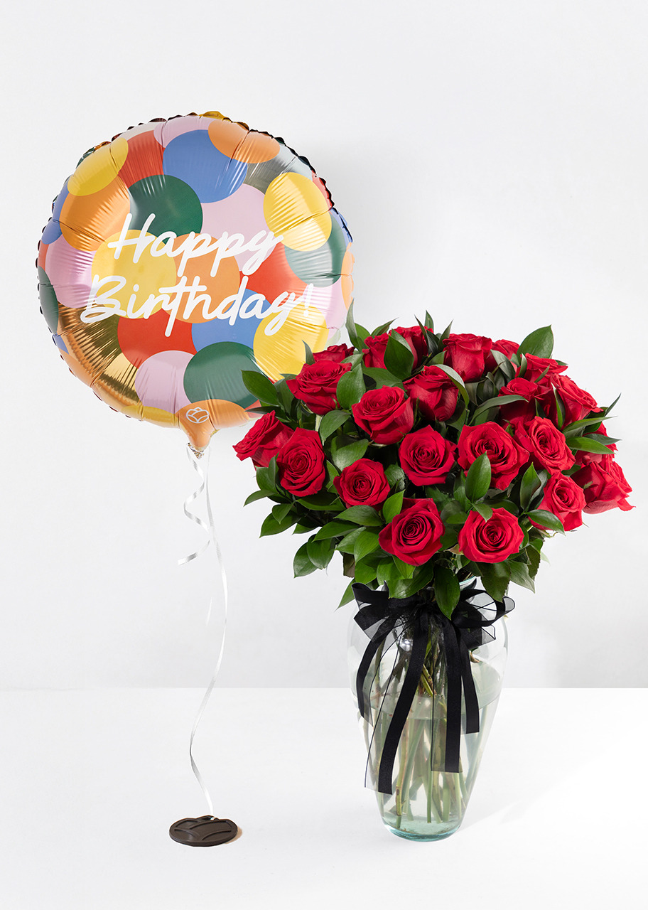 Imagen para 24 Rosas Rojas con Globo "Happy Birthday" - 1