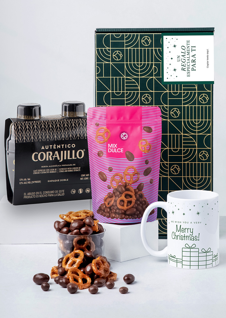 Imagen para Caja Personalizada Etiqueta con Duo Pack Auténtico Corajillo, Mix Dulce y Taza "Merry Christmas" - 1