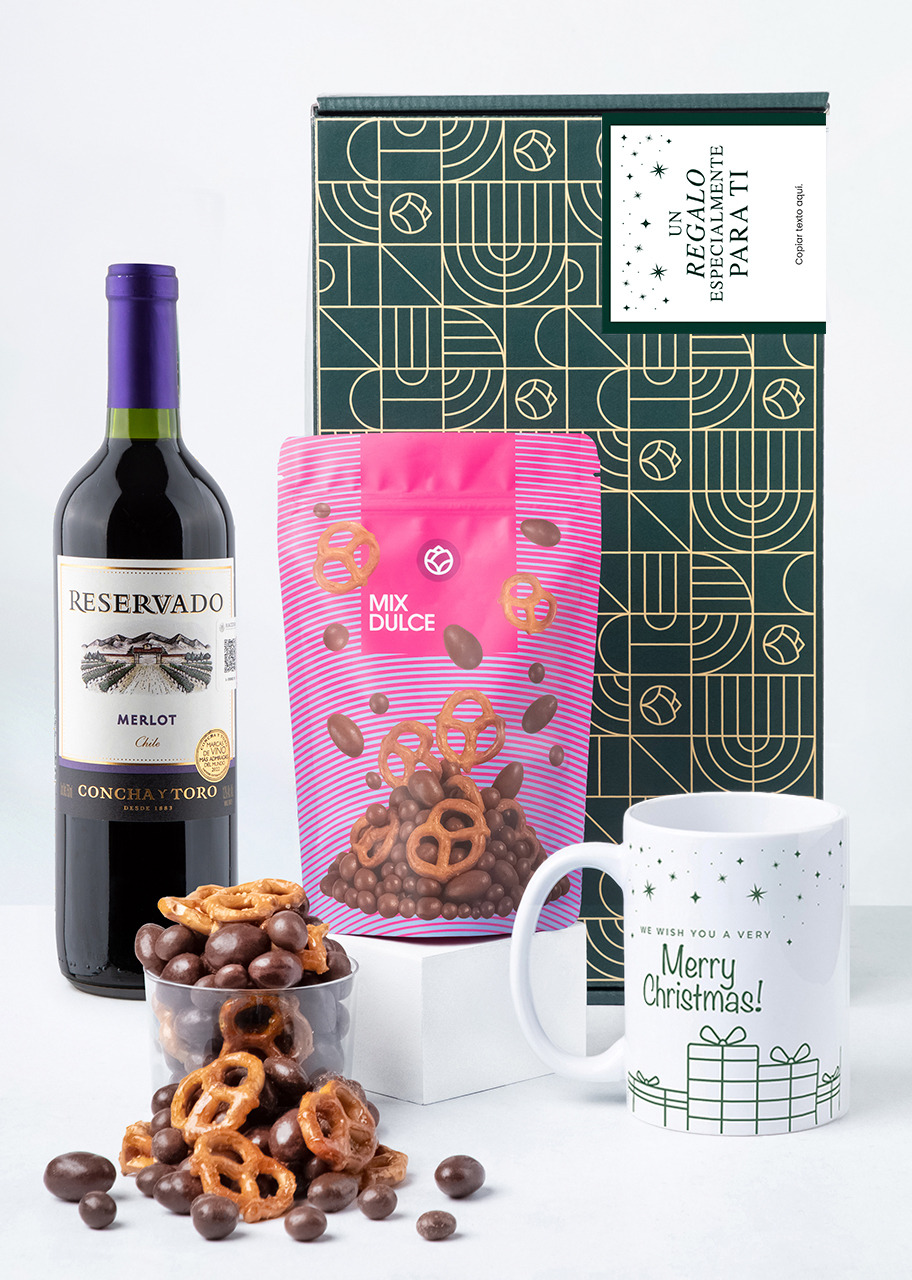 Imagen para Caja Personalizada Etiqueta con Merlot, Mix Dulce y Taza "Merry Christmas" - 1