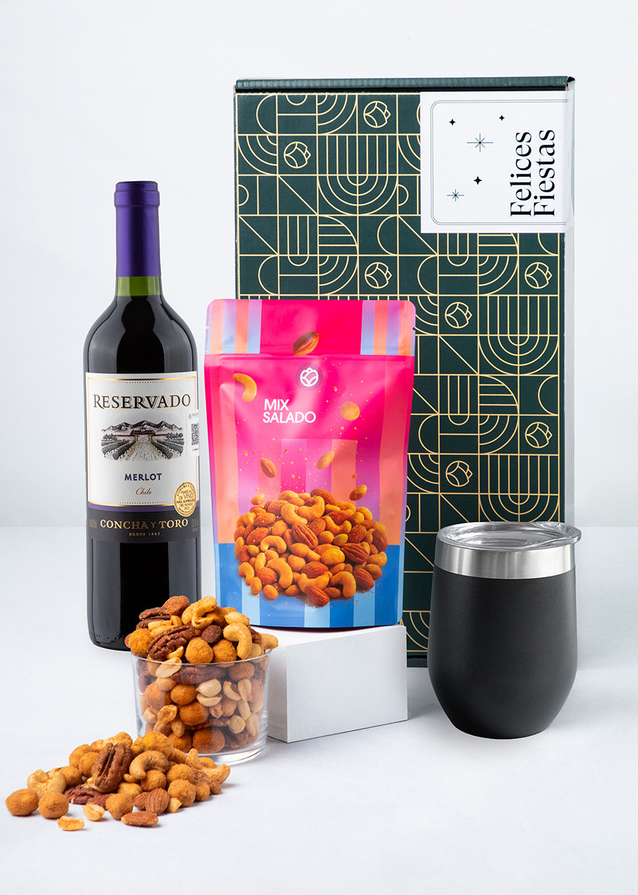 Imagen para Felices Fiestas con Vino, Termo Personalizado y Botana - 1
