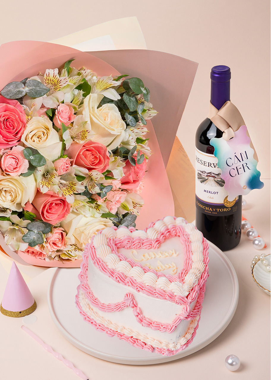 Imagen para Kit Cancer con Pastel, Flor y Vino - 1