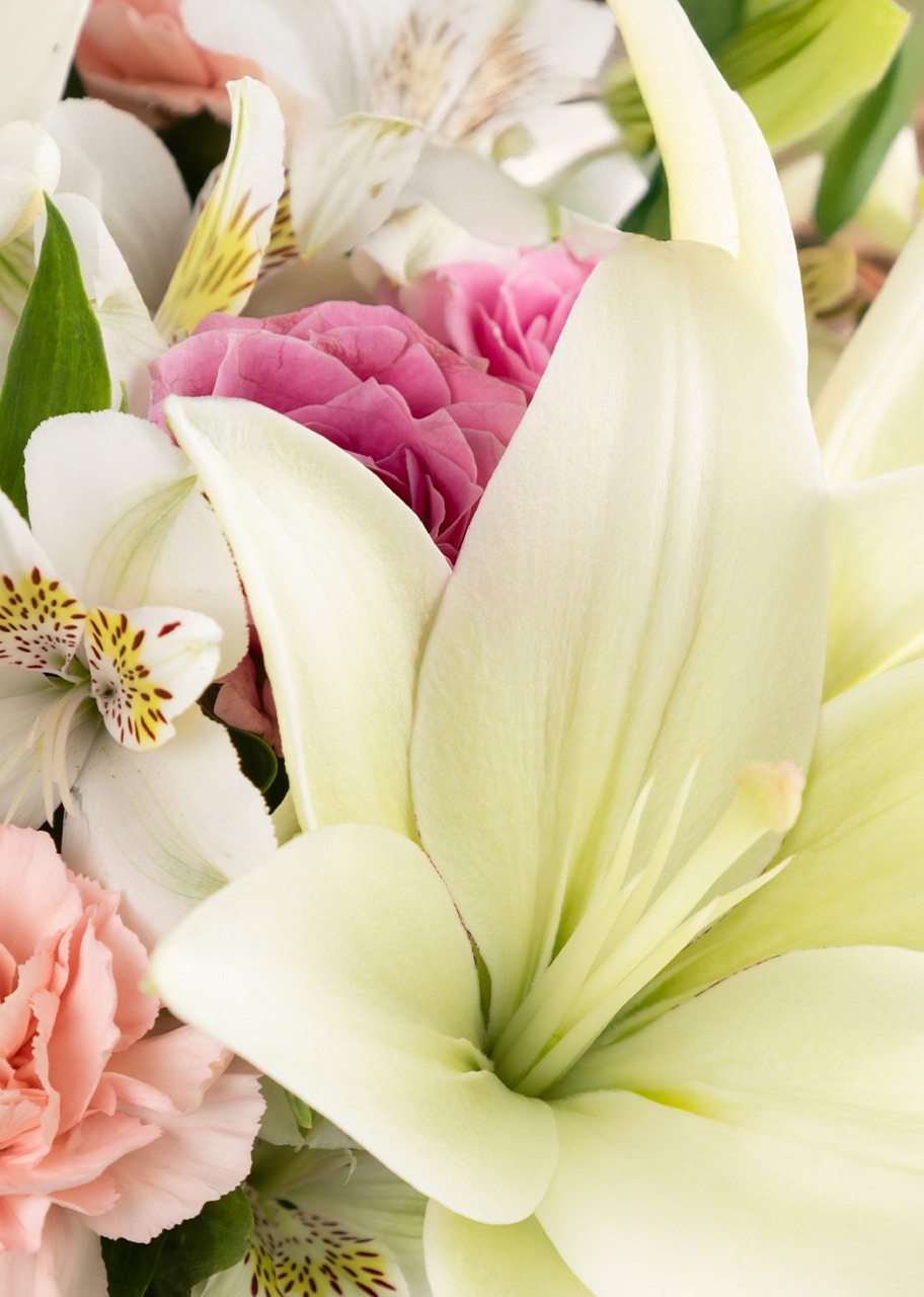 Imagen para Lilys Blancas y Mini Rosas en Jarrón Beige - 4