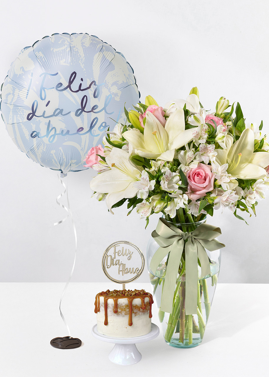 Imagen para Mini Pastel Vainilla con Rosas y Lily con Globo - 1