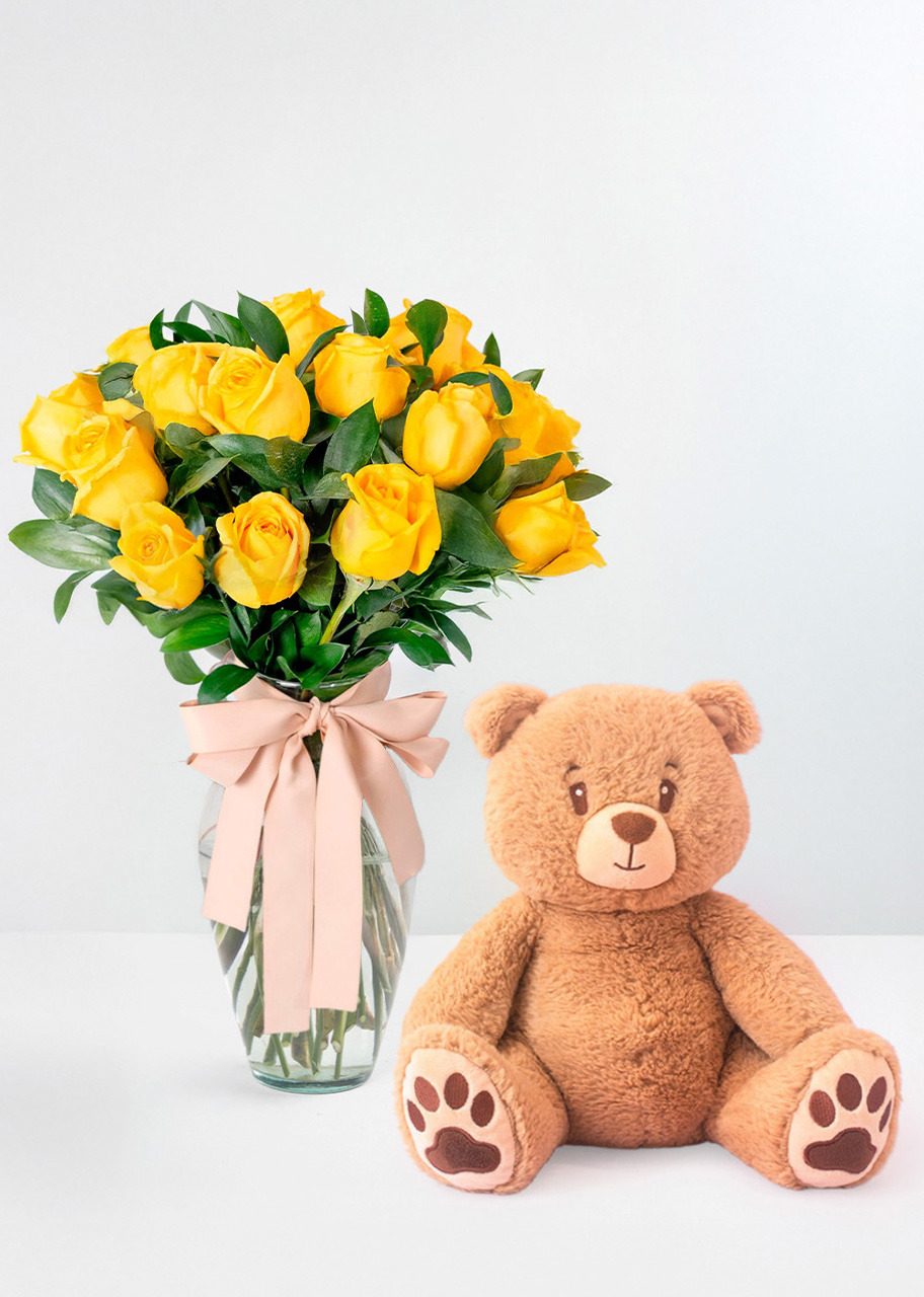 Imagen para Oso Peluche con Sus Flores Amarillas 12 Rosas - 1
