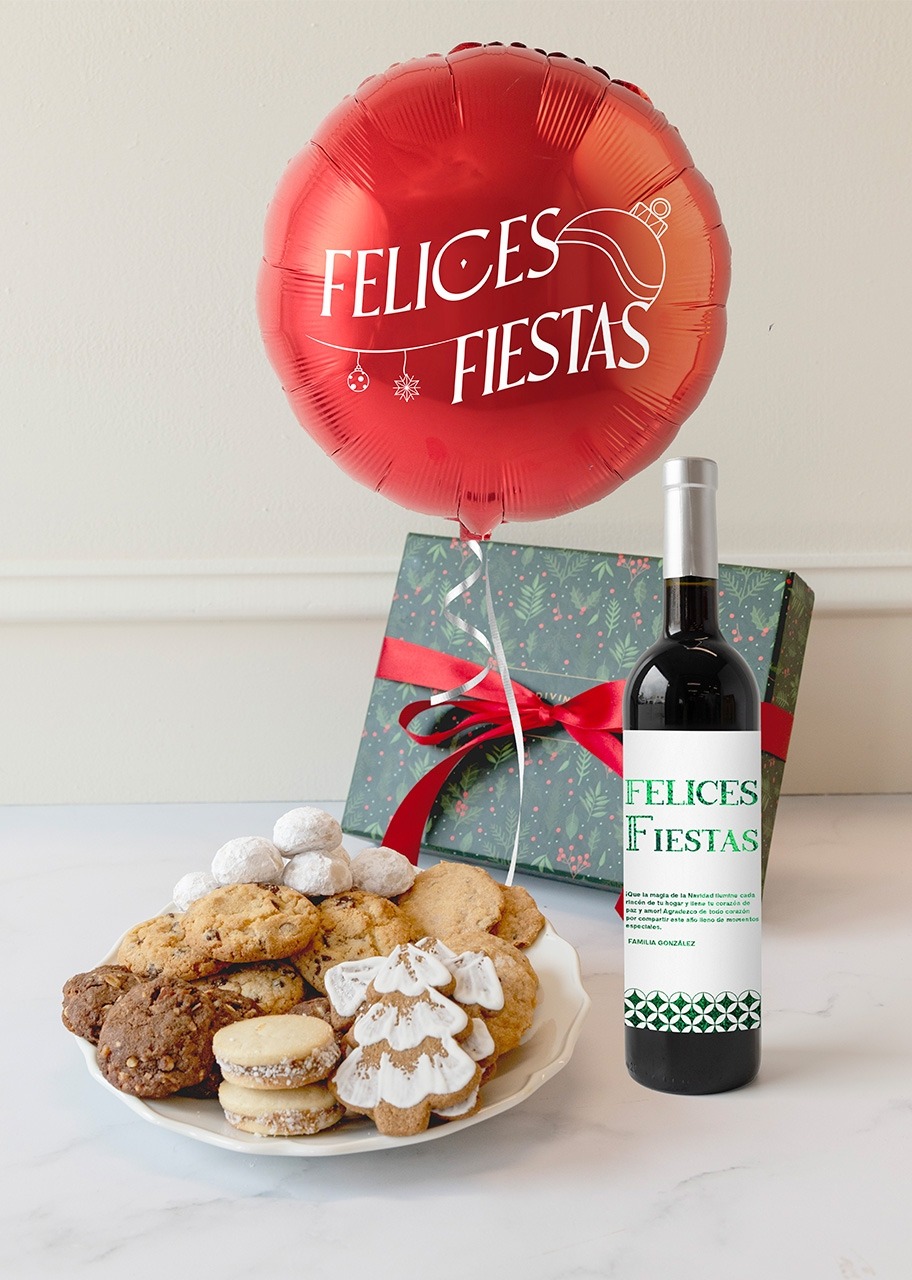 Imagen para Personaliza Vino Tinto con Globo "Felices fiestas" y Galletas  - 1
