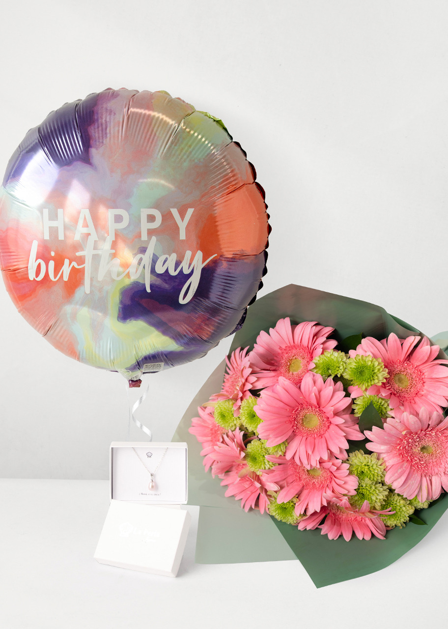Imagen para Ramo de Gerberas Rosas con Globo y Collar Perla Rosa La Perla - 1