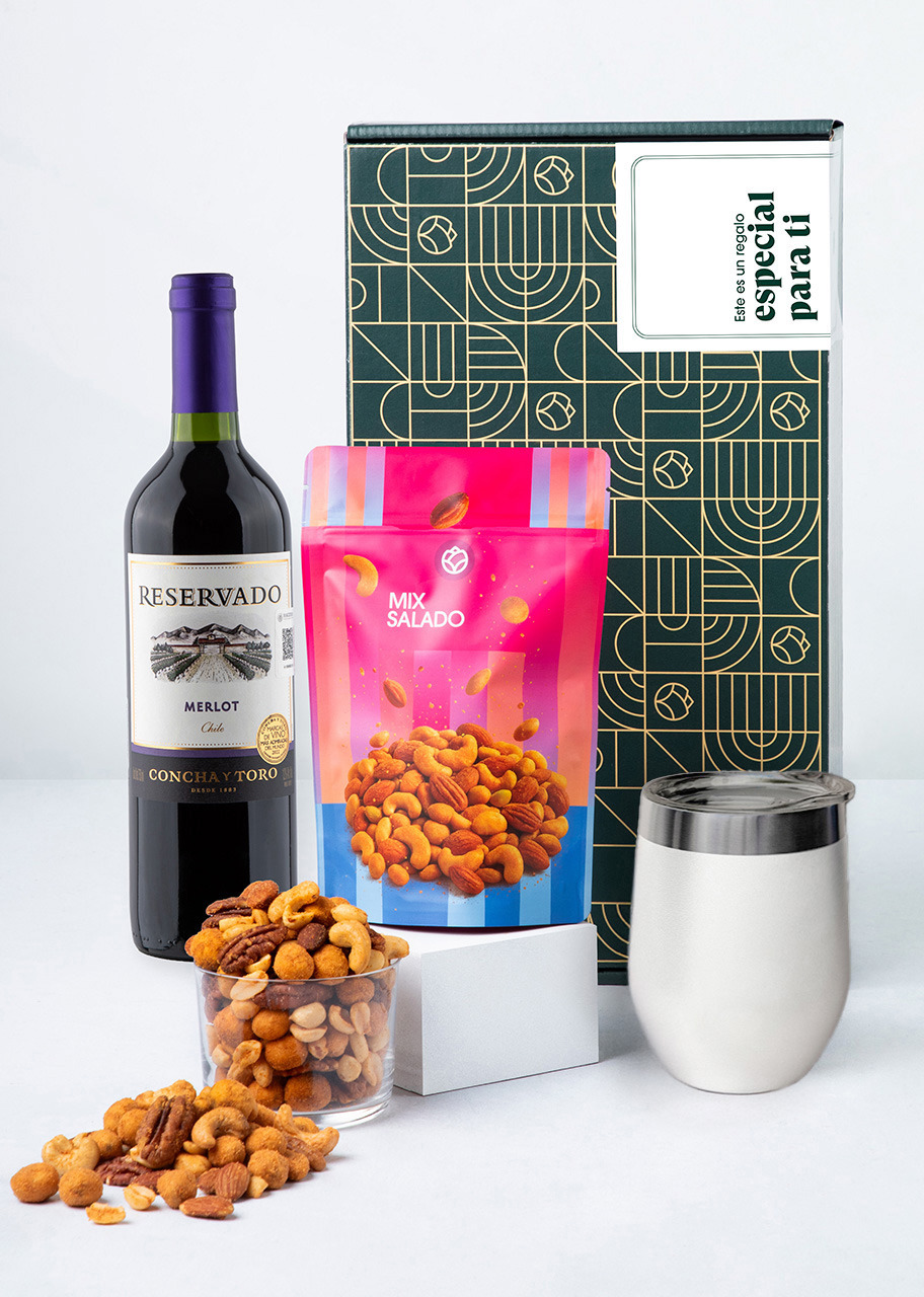 Imagen para Vino Merlot con Botanas y Termo Blanco Personalizado - 1