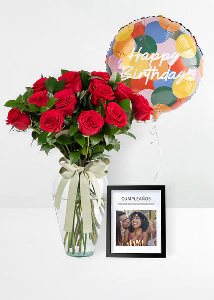 12 Rosas Rojas con Marco Foto y Globo Cumplea&ntilde;os