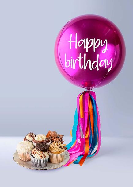 Globo Esfera Magenta "Happy Birthday" y Bollos Magnolias