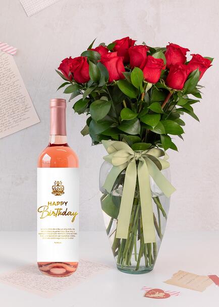 Personaliza Vino Beringer "Happy birthday" con 12 rosas rojas