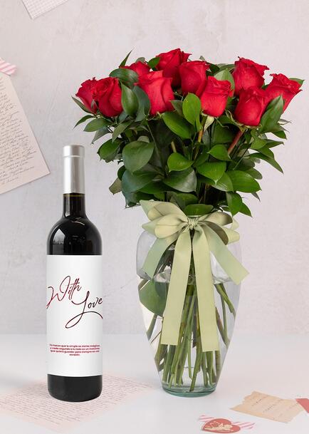 Personaliza Vino 3V "With love" con 12 rojas rojas
