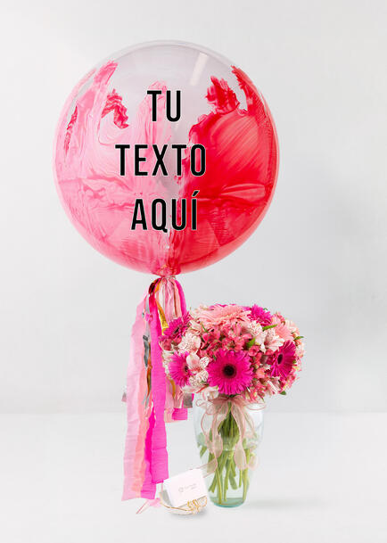 Globo Burbuja &ldquo;Pink Flame&rdquo; con Arreglo de 12 Gerberas Rosa y Alstroemerias  y Aretes Brentino La Perla