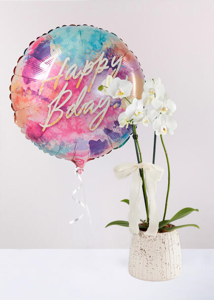 Orqu&iacute;dea Blanca en Maceta de Cer&aacute;mica y Globo Happy bday!