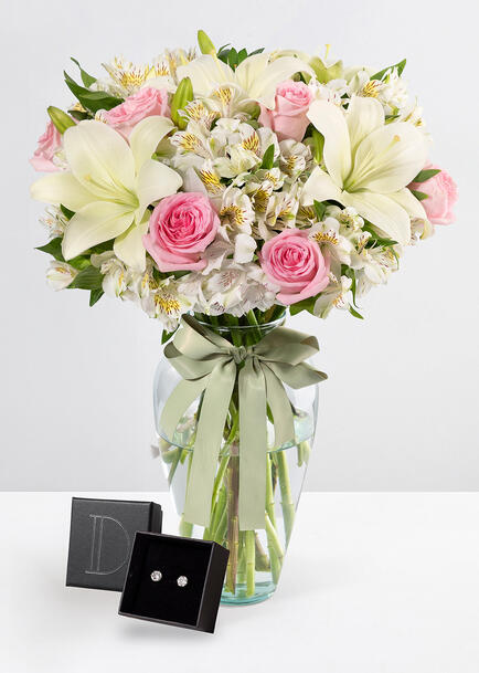 Aretes Diamante Pequeño Crystal Dacova con Ternura con 6 Rosas y Lilys