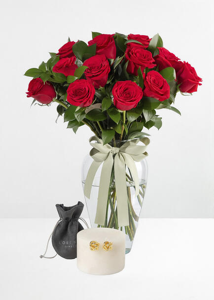 Aretes Nudo Lorenza con 12 Rosas Rojas