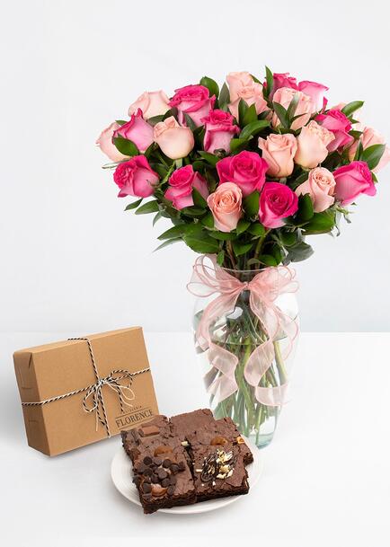 Arreglo de Rosas Combinadas con Brownies