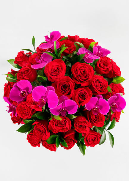Arreglo de Rosas Rojas y Orqu&iacute;deas con Mini Foto