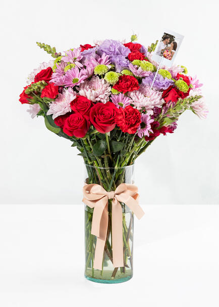 Arreglo de Roxanas y Lisianthus Lila con Mini Foto