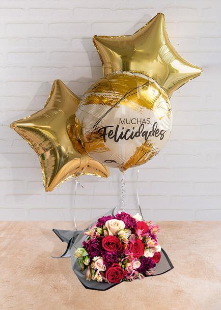Arreglo de Globos "Muchas Felicidades" con Ramo de Rosas Rojas y Claveles