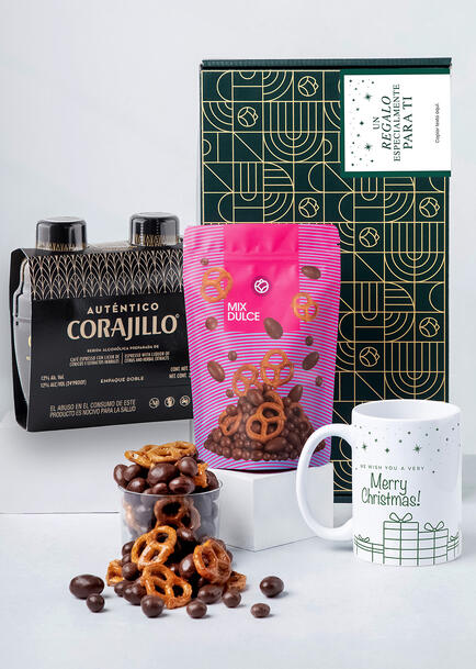 Caja Personalizada Etiqueta con Duo Pack Auténtico Corajillo, Mix Dulce y Taza "Merry Christmas"