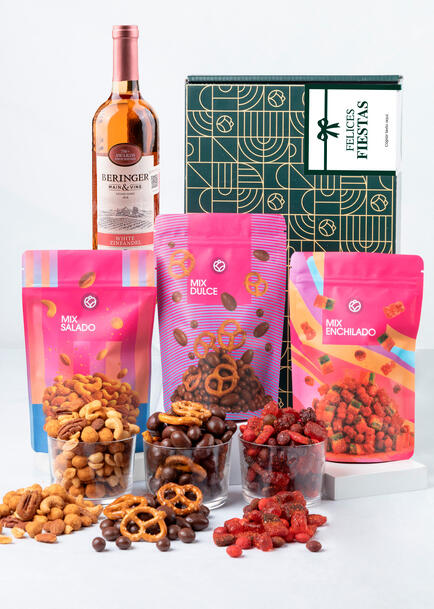 Caja Personalizada  Etiqueta con Vino Beringer y Botanas EF