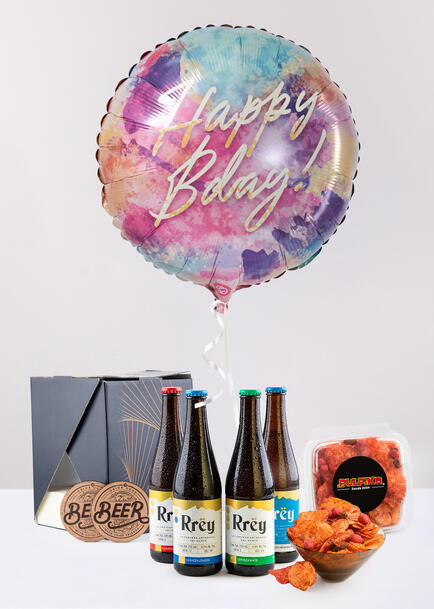 Cerveza Rrey con Botanas y Globo Happy Bday!