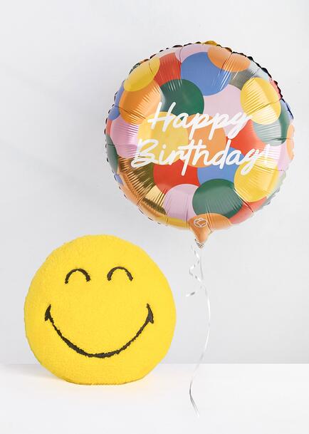 Coj&iacute;n SMILEYWORLD&reg; con Globo Cumplea&ntilde;os