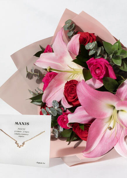 Cumplea&ntilde;os Colorido con Rosas, Stargazers y Collar Piscis