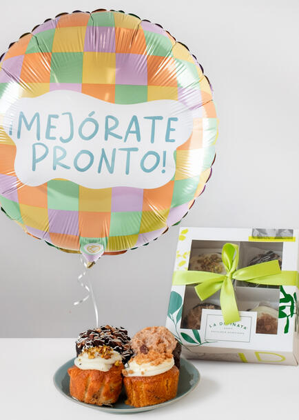 Dulce Recuperaci&oacute;n con Muffins y Globo &ldquo;Mej&oacute;rate Pronto&rdquo;