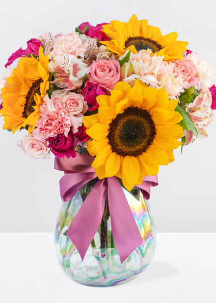 Girasoles y Mini Rosa Rosa en Jarr&oacute;n Tornasol