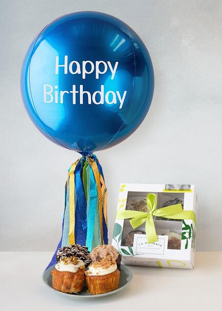  Globo Esfera Azul "Happy Birthday" con Muffins 4 pz  La Divinata