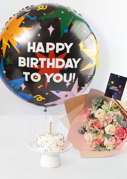 Kit Cumplea&ntilde;os Flor,Mini Pastel, Globo Happy Birthday y Polaroid